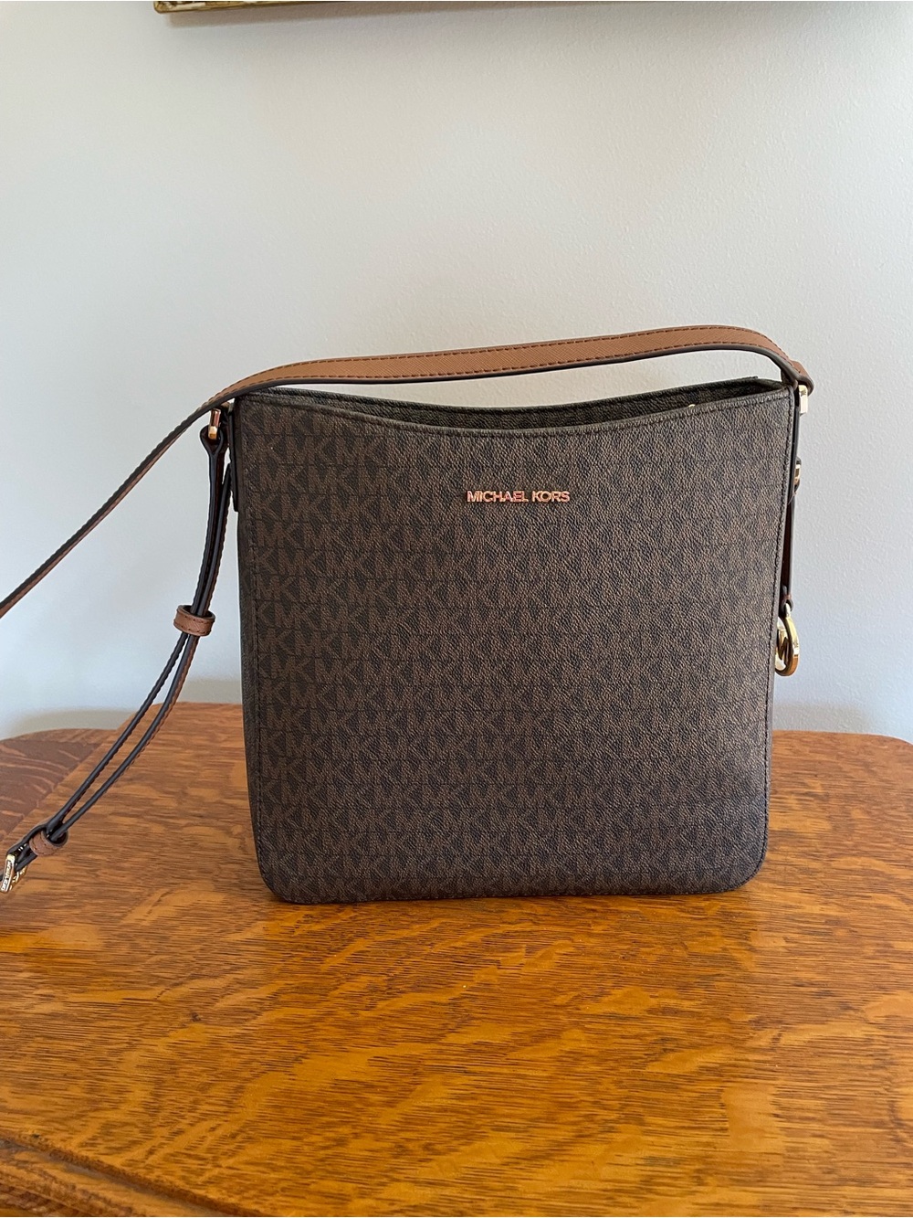 Michael Kors Brown Monogram Messenger Bag with Tan Strap